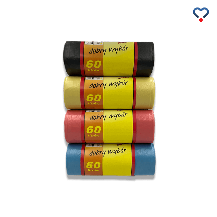 Worki na odpady o pojemności 60 litrów w rulonie, różne kolory