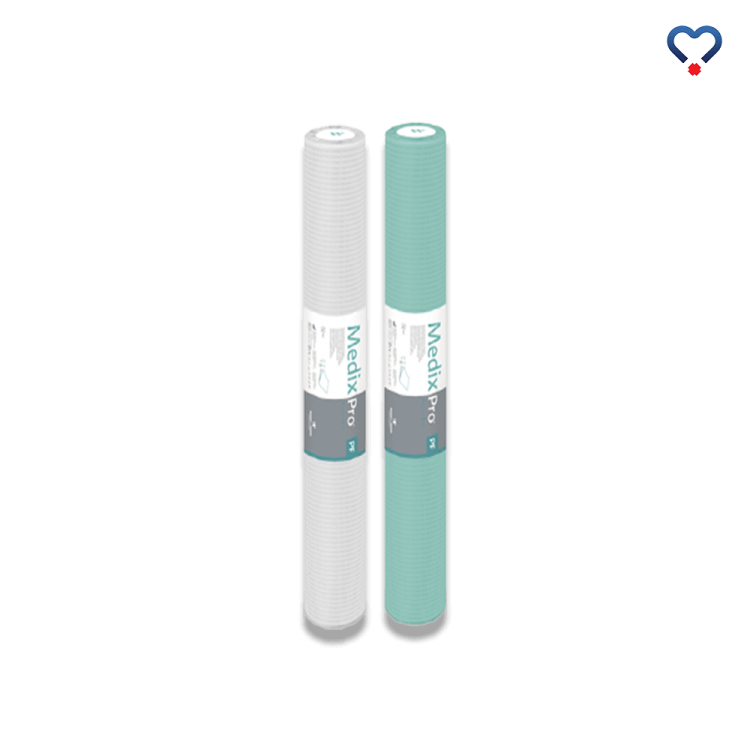 Podkłady w rolce Medixpro bibułowo-foliowe 70x50/80. Rolki w kolorze białym i zielonym.