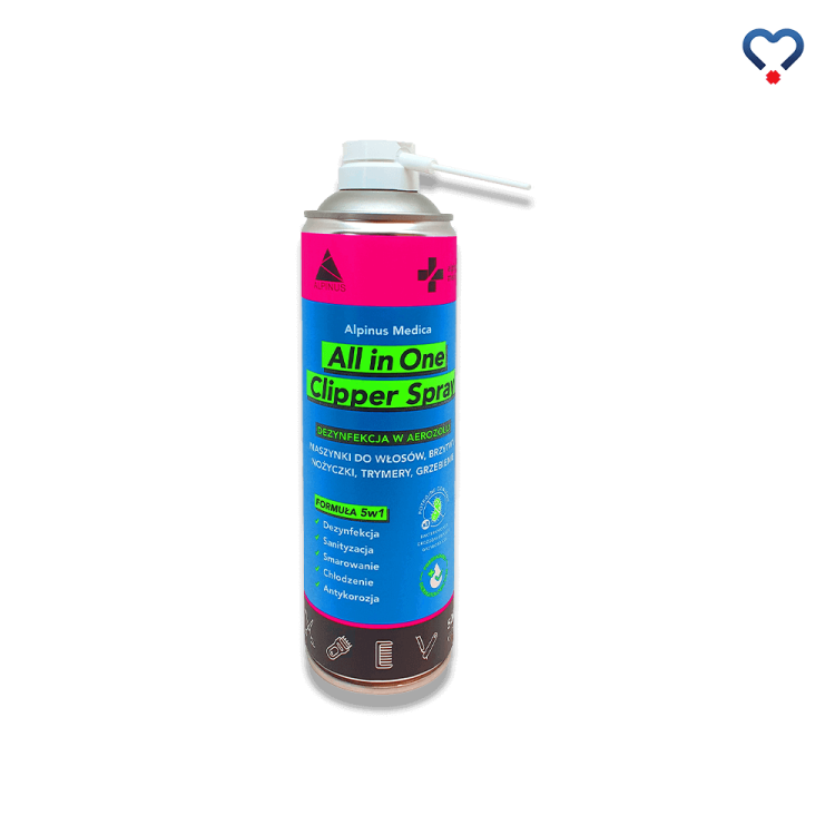 All In One Clipper Spray do dezynfekcji w aerozolu. Przeznaczony do narzędzi fryzjerskich, groomerskich, barberskich.